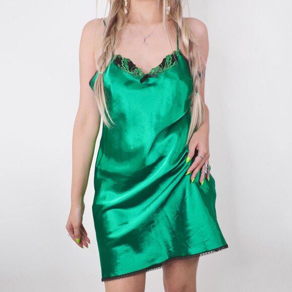 VINTAGE EMERALD GREEN FLORAL SLIP DRESS - Picture 1 of 5